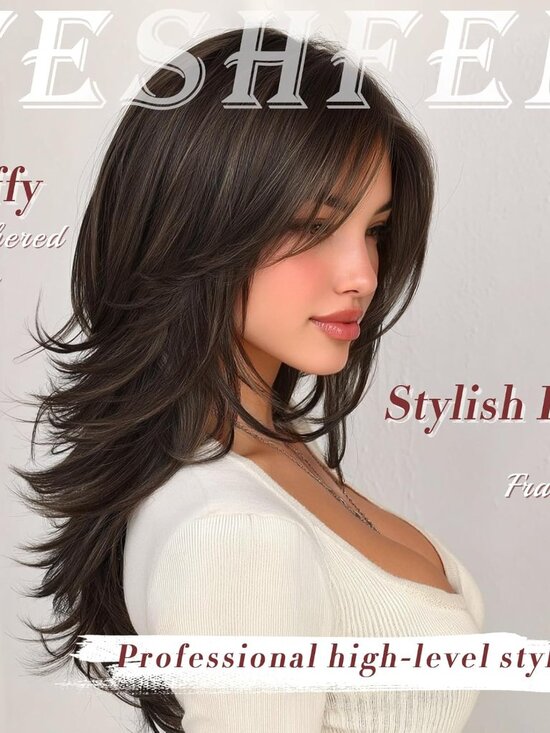 FESHFEN Other - Dark Brown Light Blonde Wavy Layered Wig with Curtain Bangs